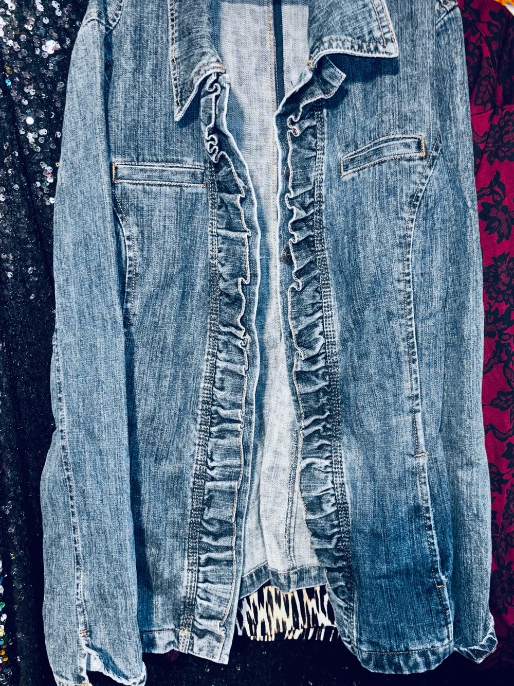 Women’s Blue Denim Jeans Jacket with Ruffle Trim